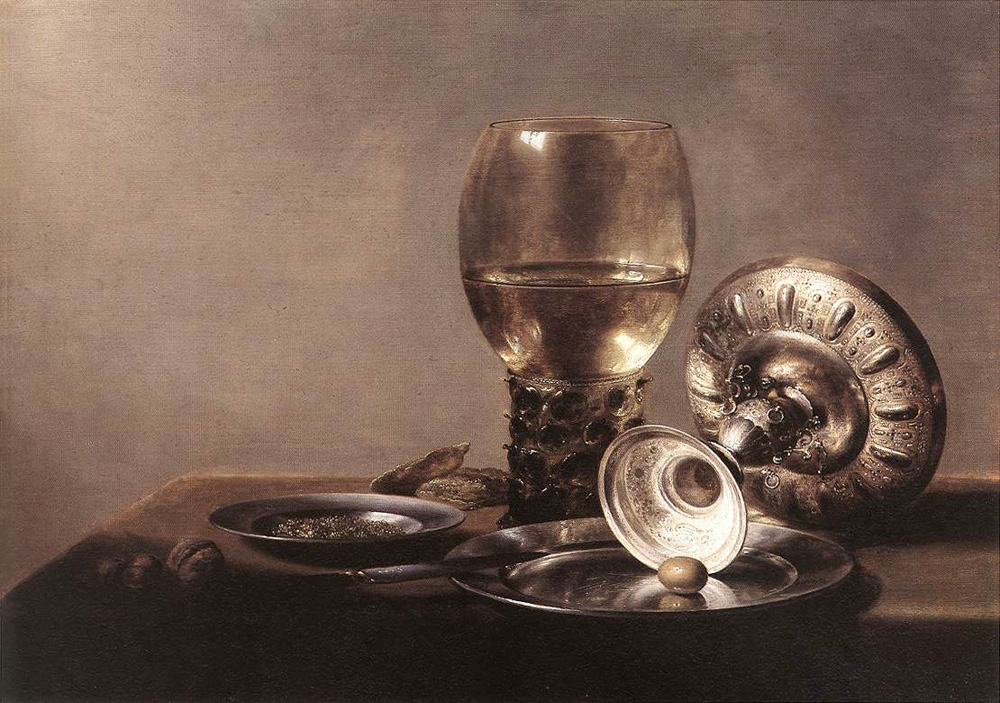 still life with wine glass and silver bowl